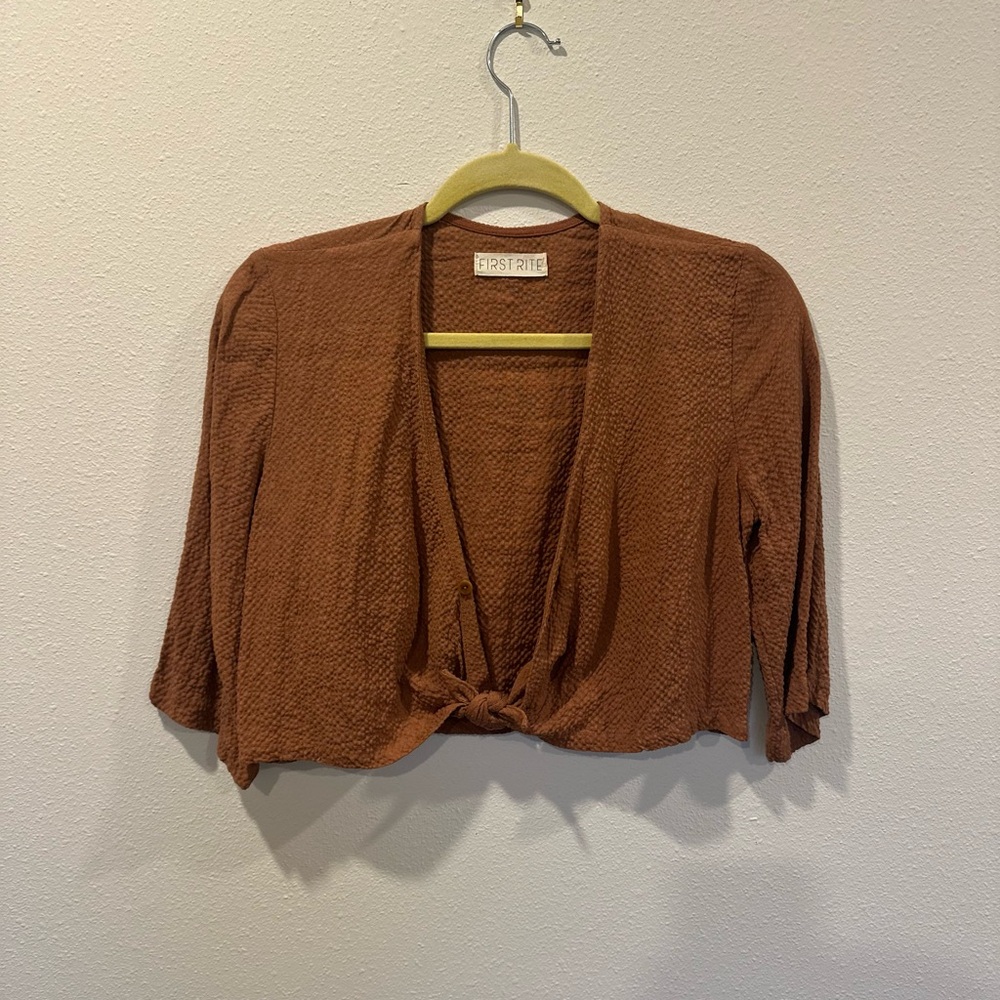 First Rite Women's Terracotta Linen Tie Front V-neck Cropped Blouse Top, Small